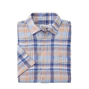 Peter Millar Mens L San Clemente Linen Short Sleeve Button Front Plaid Shirt